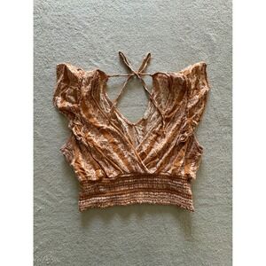 Twine & String Rust Orange Paisley Smocked Ruffle Crop Top Women's L